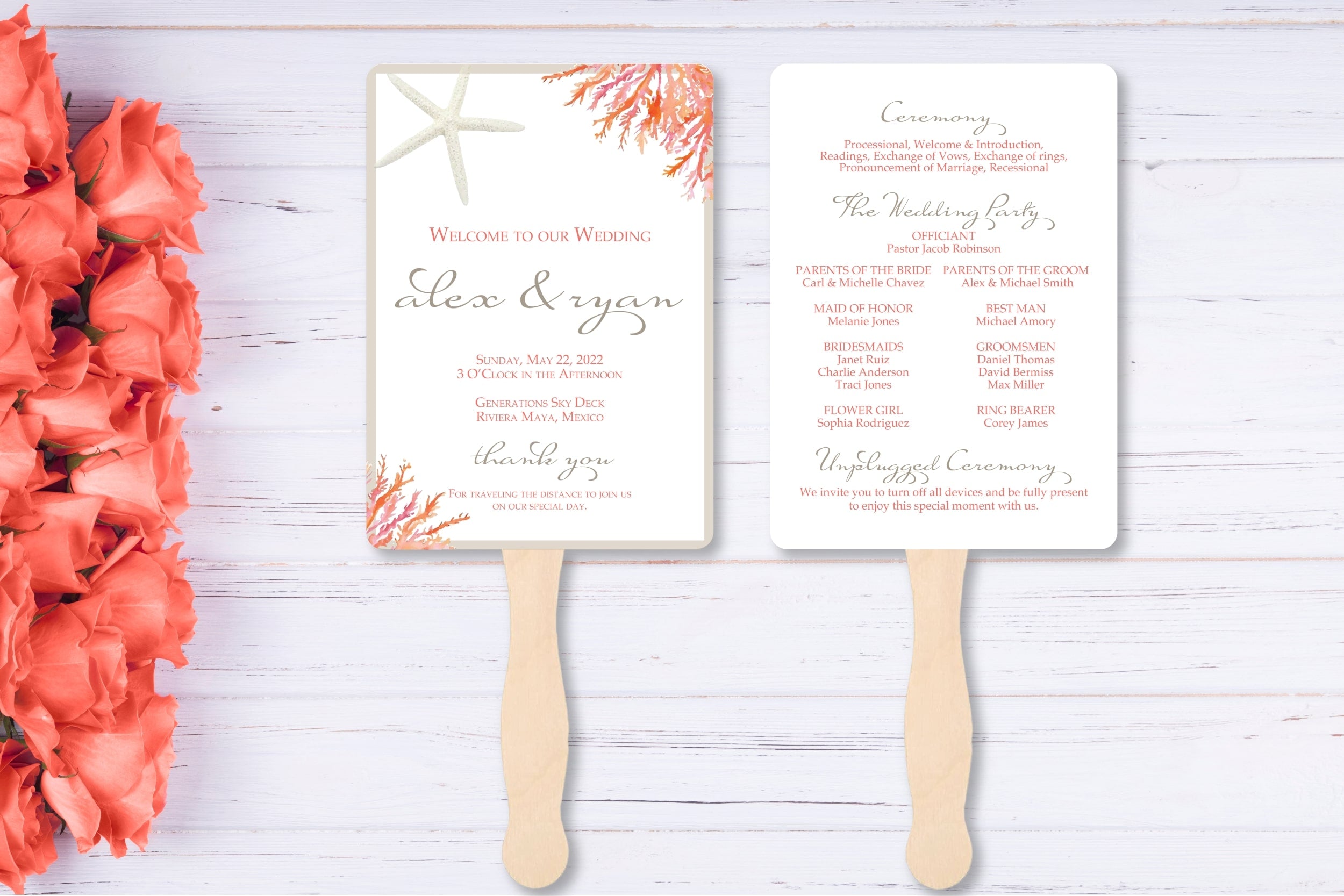 Beach Wedding Program Fans | Living Coral