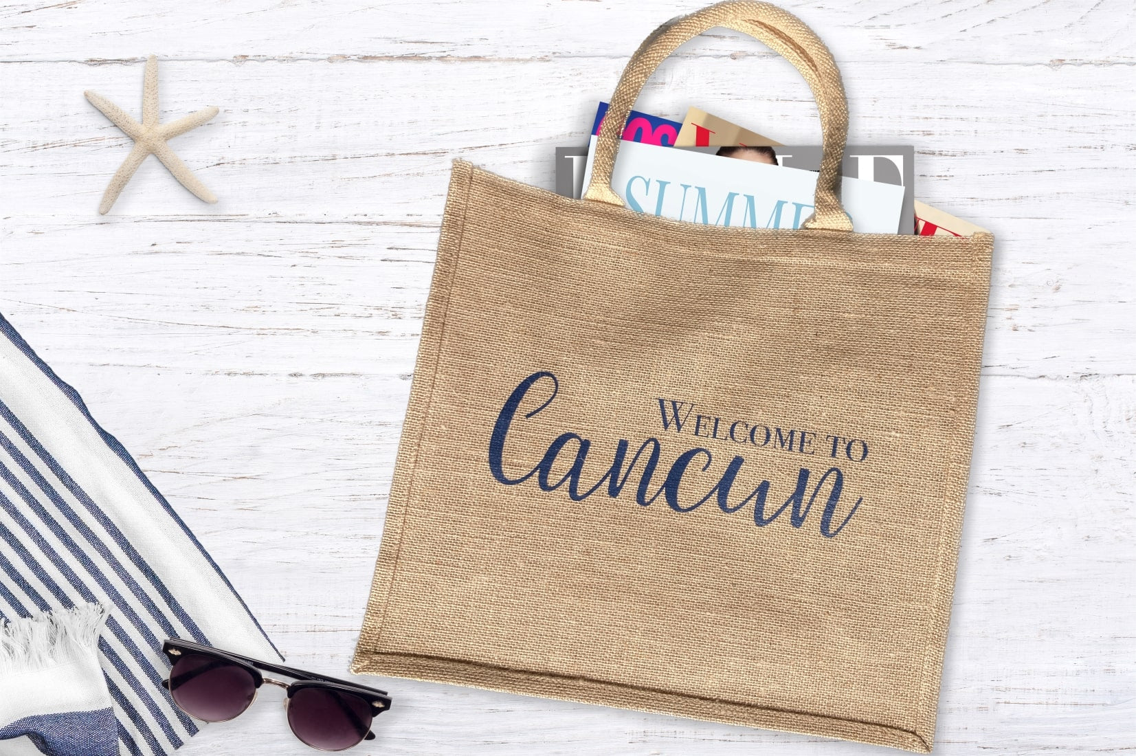 Burlap Destination Wedding Welcome Bag - Navy Blue
