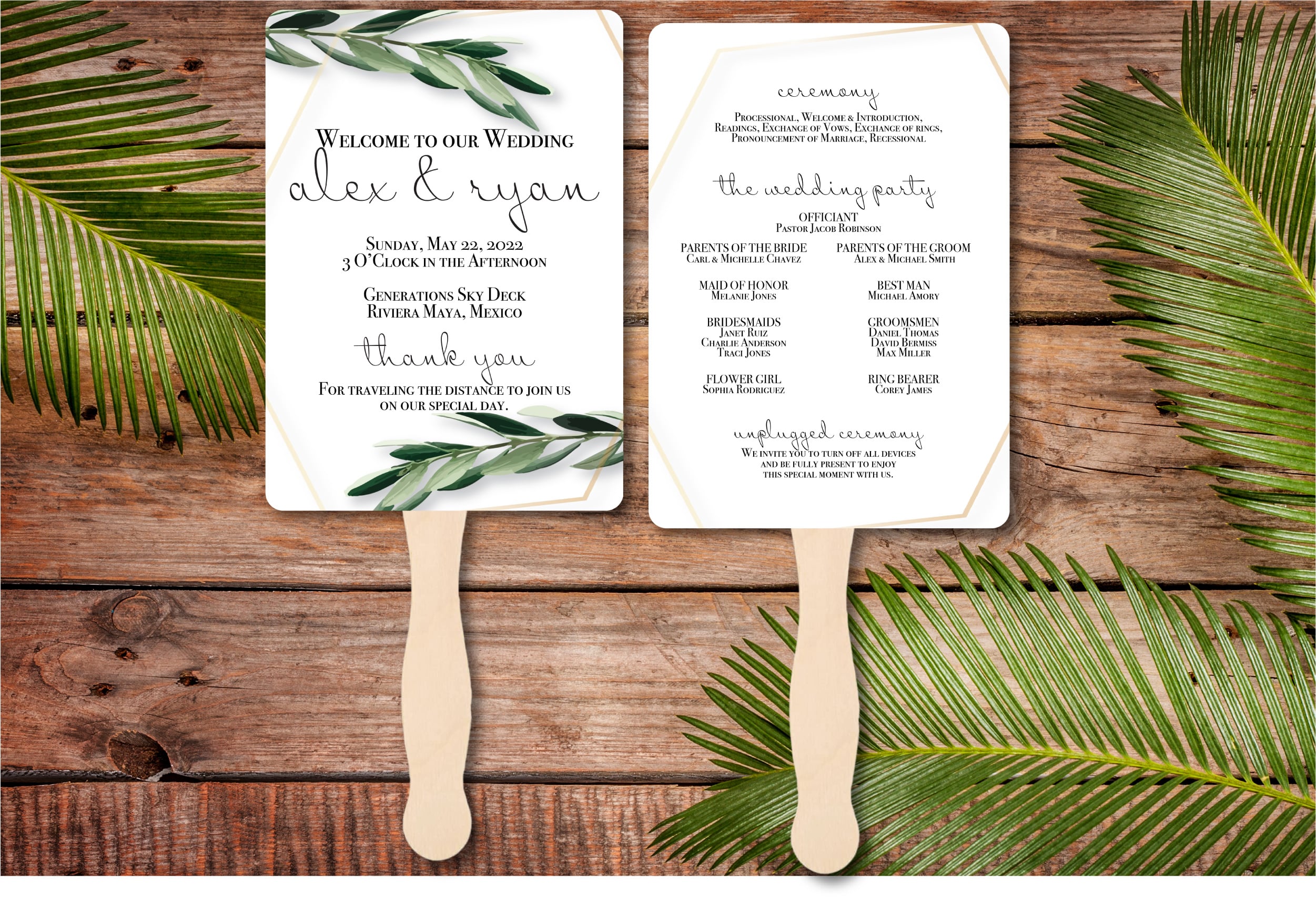 Destination Wedding Program Fans | Greenery