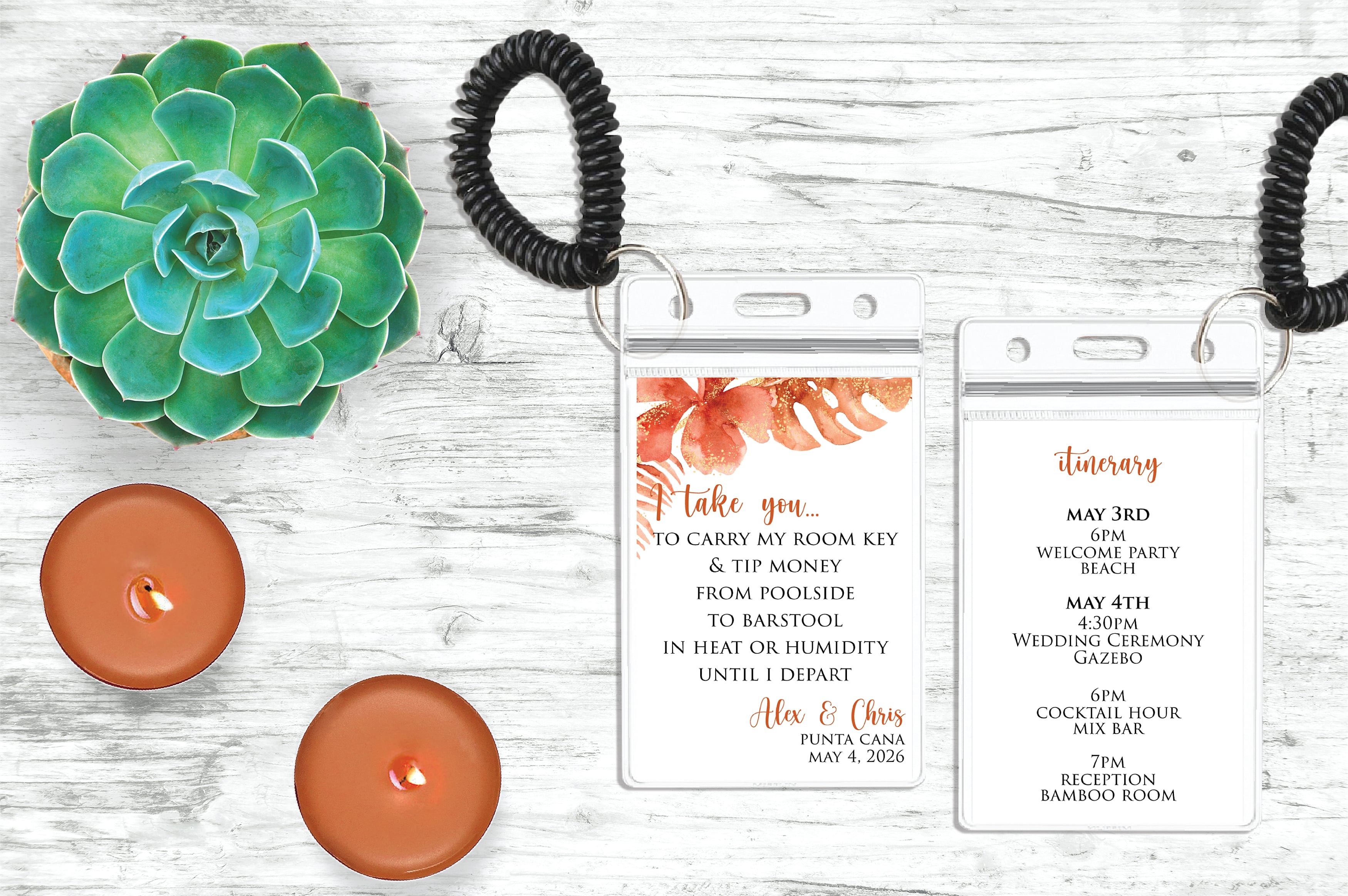 Wedding room key card holder with tropical burnt orange design