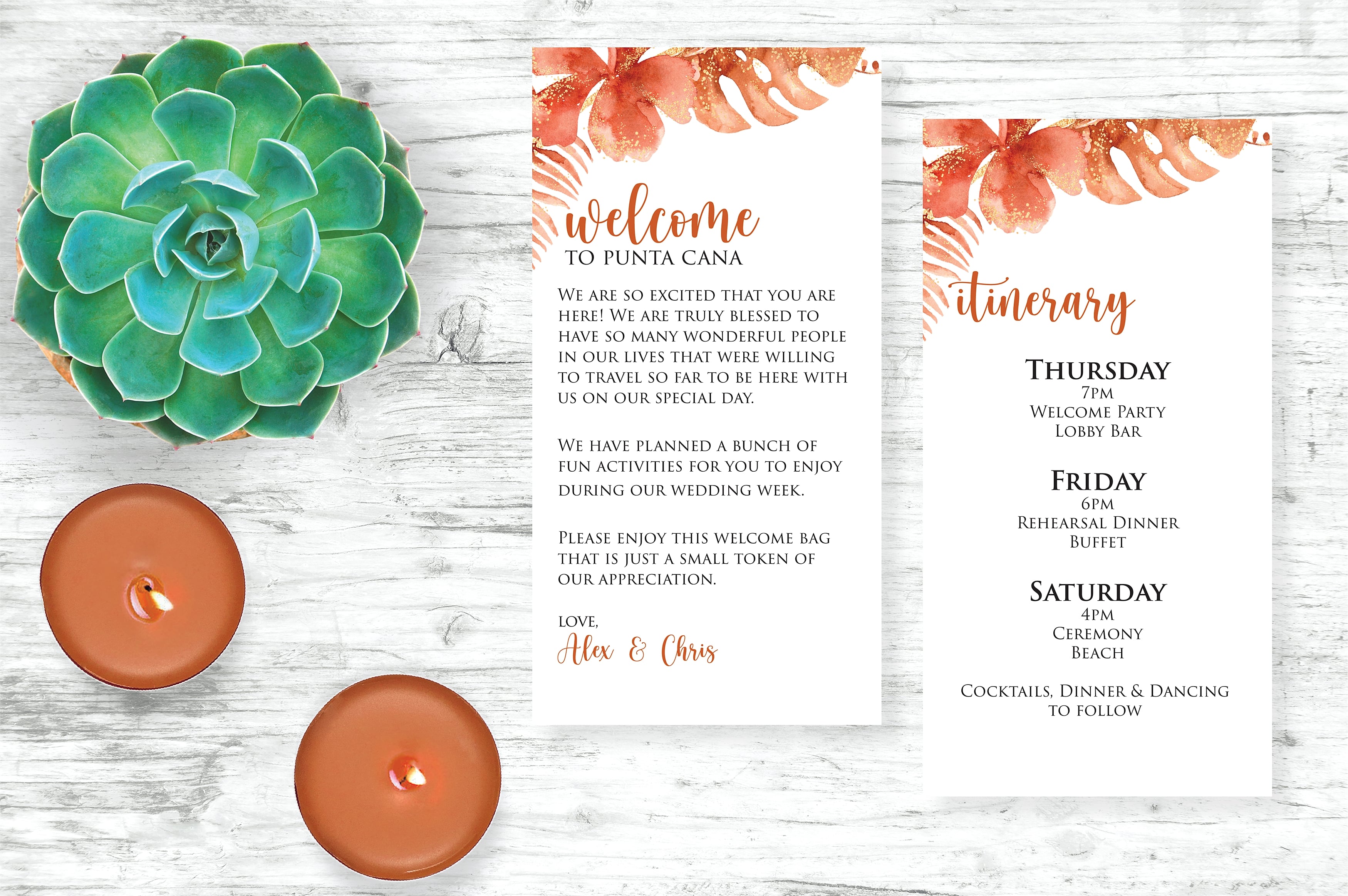 Tropical wedding welcome letter and itinerary cards