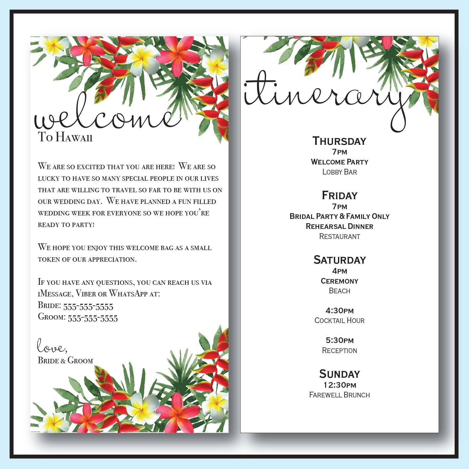 Tropical Destination Wedding Welcome Letter & Itinerary