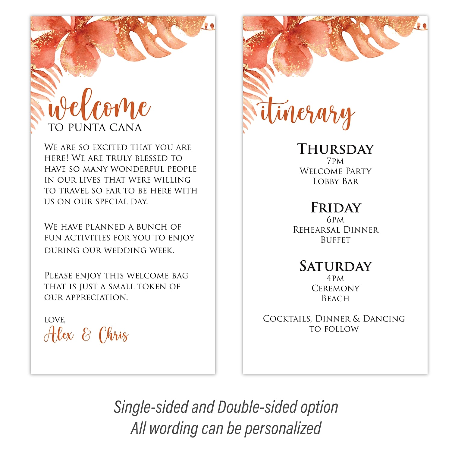 Personalized Wedding Welcome Letter & Itinerary - Tropical Burnt Orange