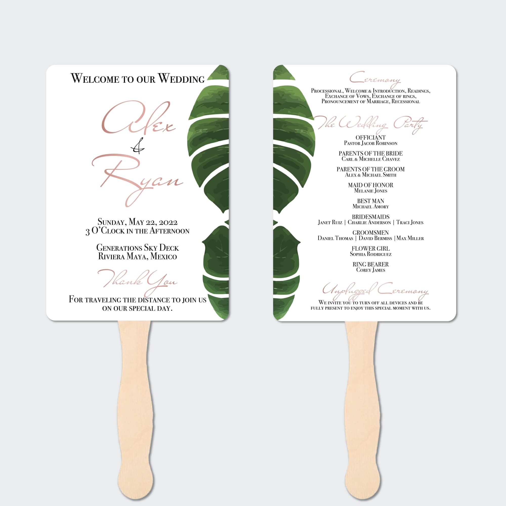 Palm Beach Wedding Program Fans | Rose