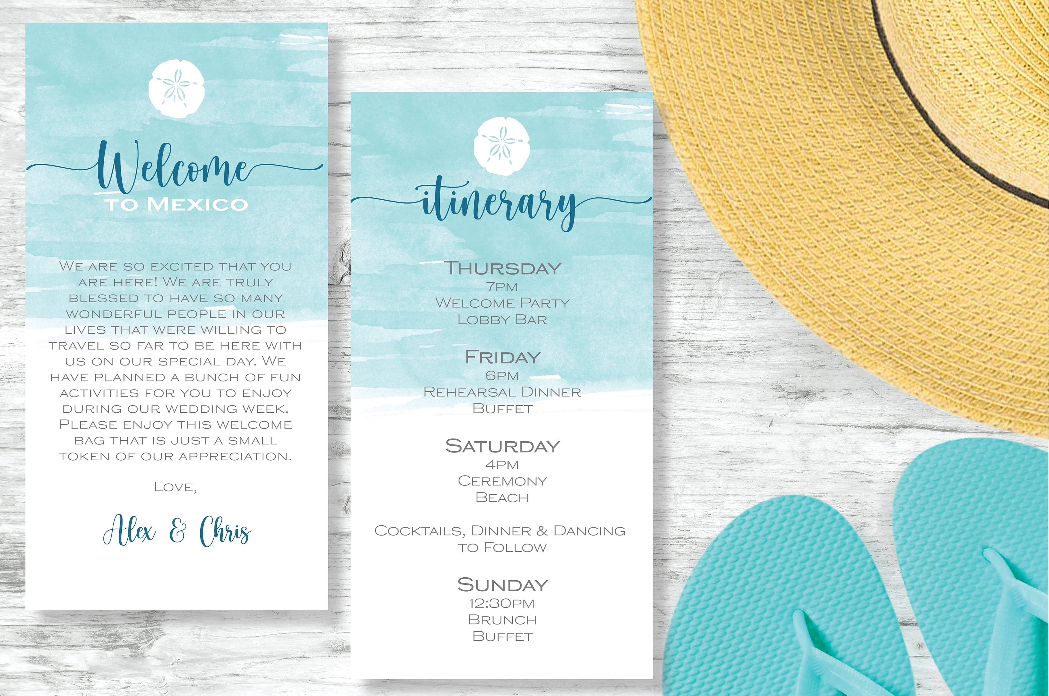 Beach wedding welcome letter and itinerary cards