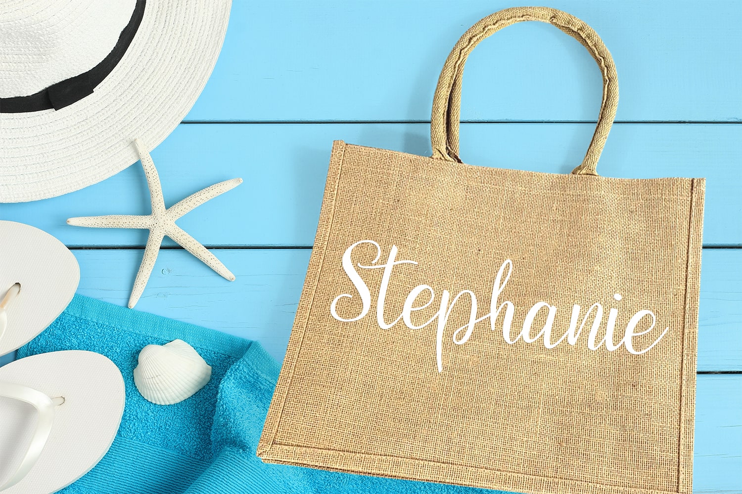 Burlap Wedding Welcome Bag personalized with name in white