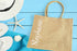 Burlap Wedding Welcome Bag personalized with vertical name in white