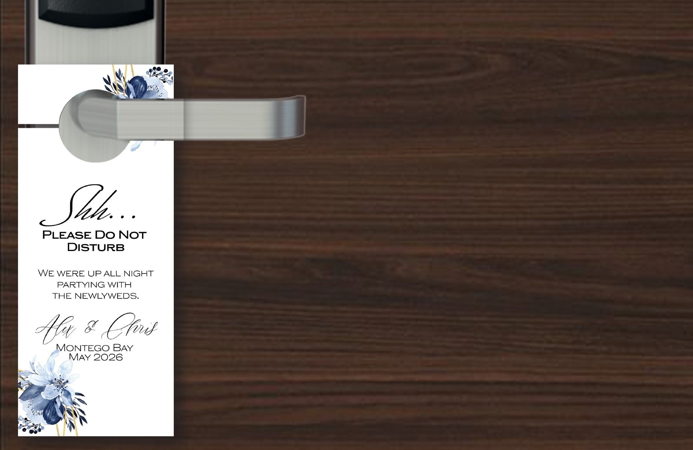 Destination wedding door hanger with dusty blue florals