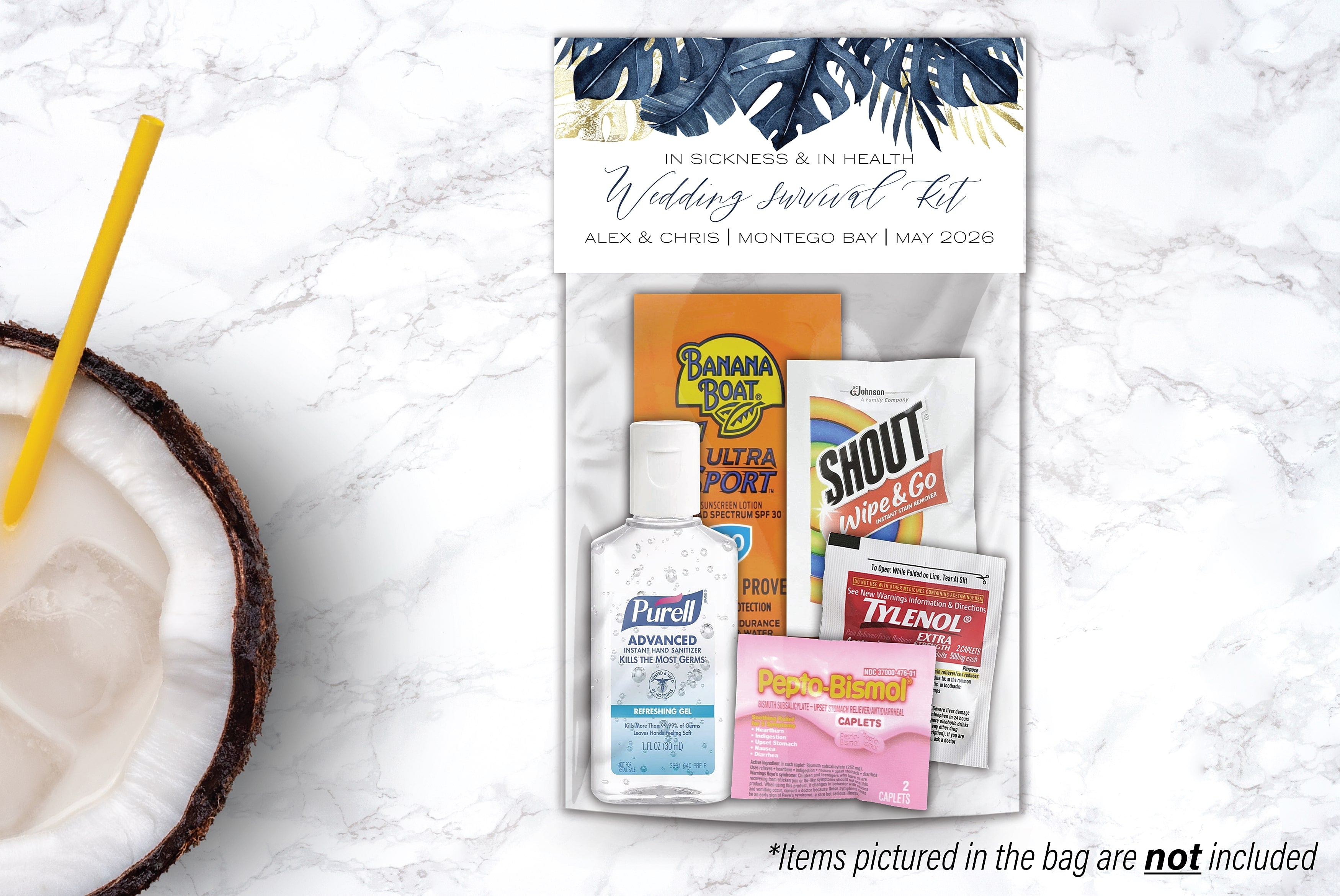 Wedding hangover recovery kit topper and bag with blue palm design