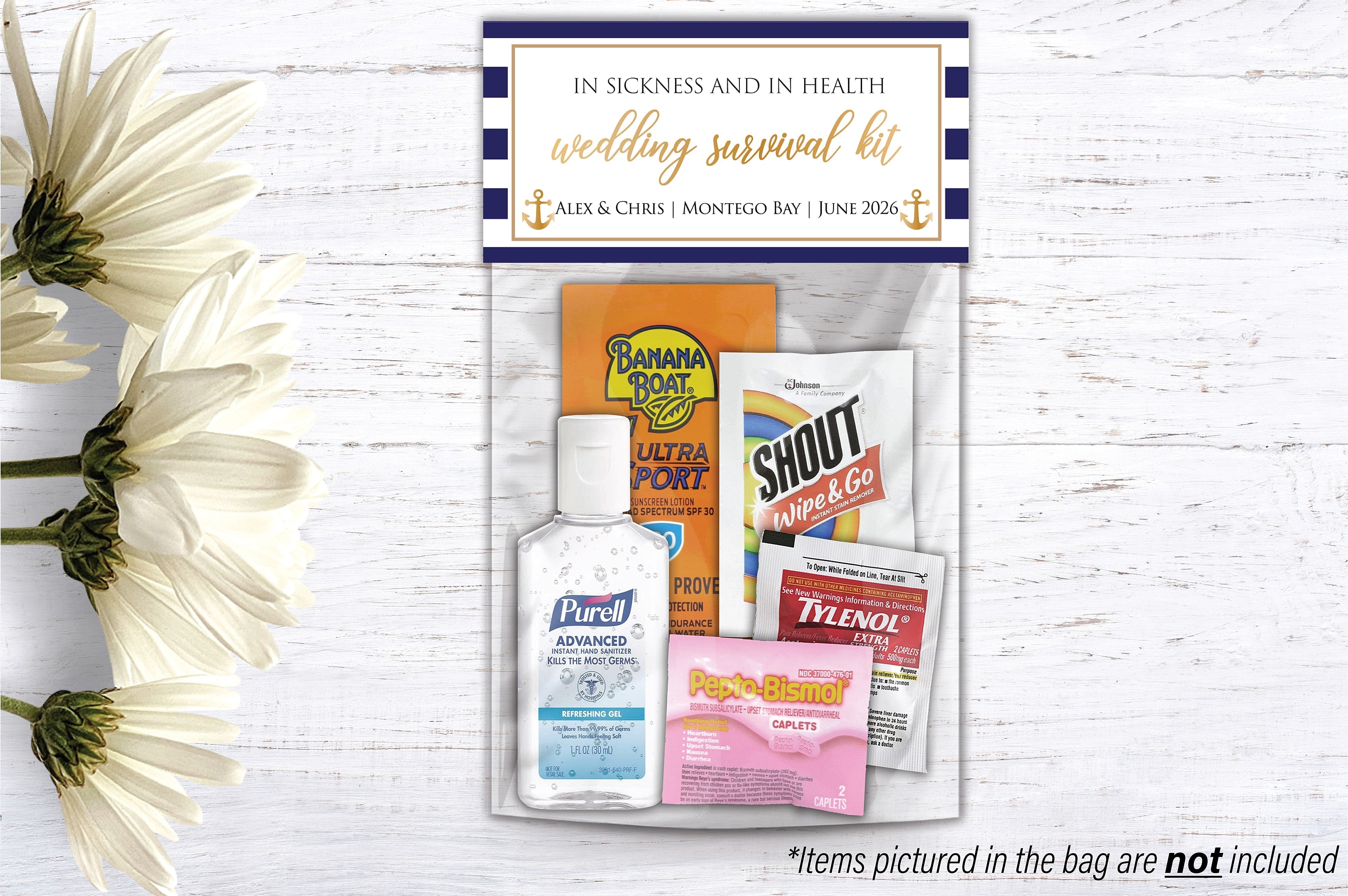 Nautical wedding hangover kit topper and bag