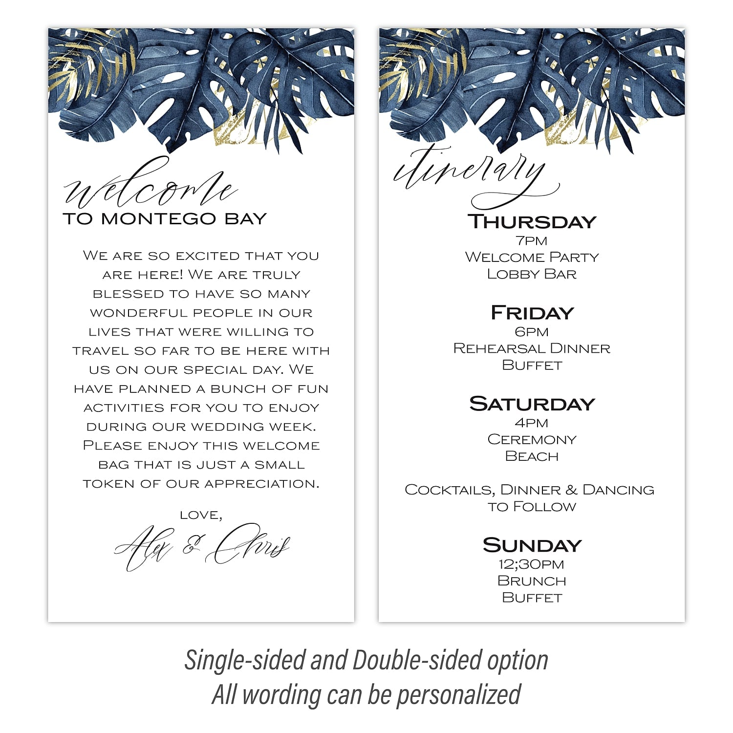 Personalized Destination Wedding Welcome Bag & Itinerary | Blue & Gold Palms